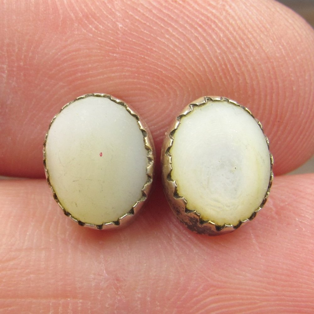 Sterling Silver Rustic Oval White Shell Stud Earr… - image 1